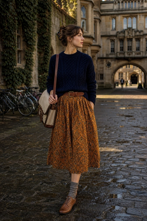 A woman wears a navy cable-knit sweater with a brown patterned midi skirt, leather belt, crossbody bag, gray socks, and brown lace-up shoes.