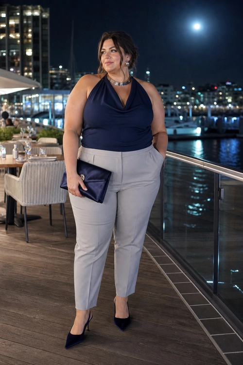 A woman wears a draped navy sleeveless top with light gray tailored trousers, pointed heels, a clutch, and a silver choker.