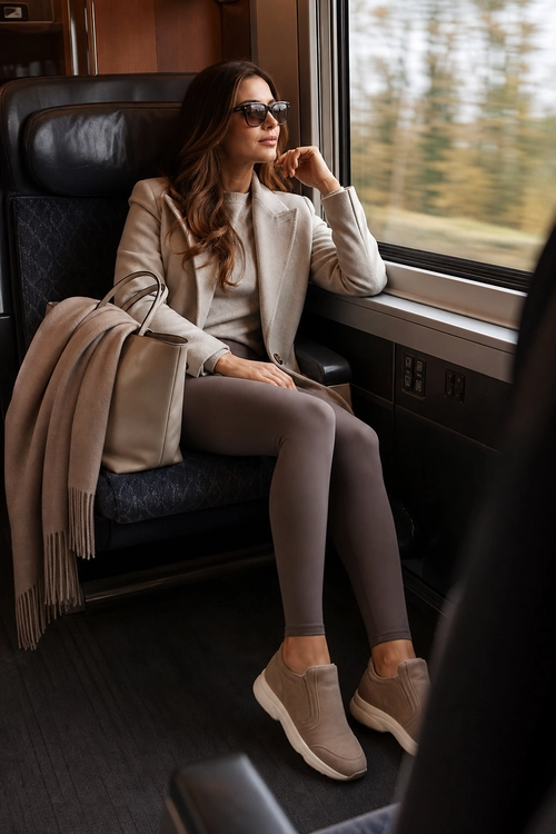 Polished Neutral Travel Outfit A woman wearing a beige blazer, light top, fitted taupe pants, sunglasses, and wedge sneakers sits beside a train window with a handbag and scarf.