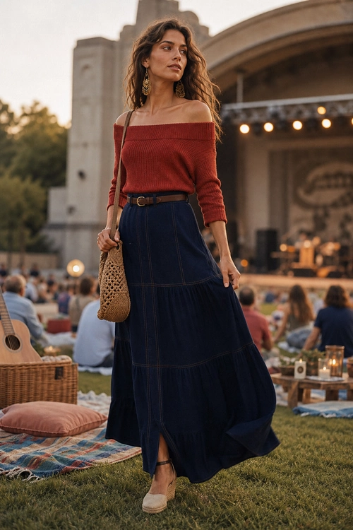 A woman wears a rust red off-shoulder sweater with a navy tiered maxi skirt, belt, woven shoulder bag, dangling earrings, and espadrille sandals.