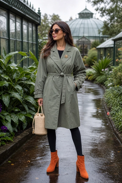 Woman wearing an olive belted trench coat over black clothing with rust ankle boots and a woven handbag.