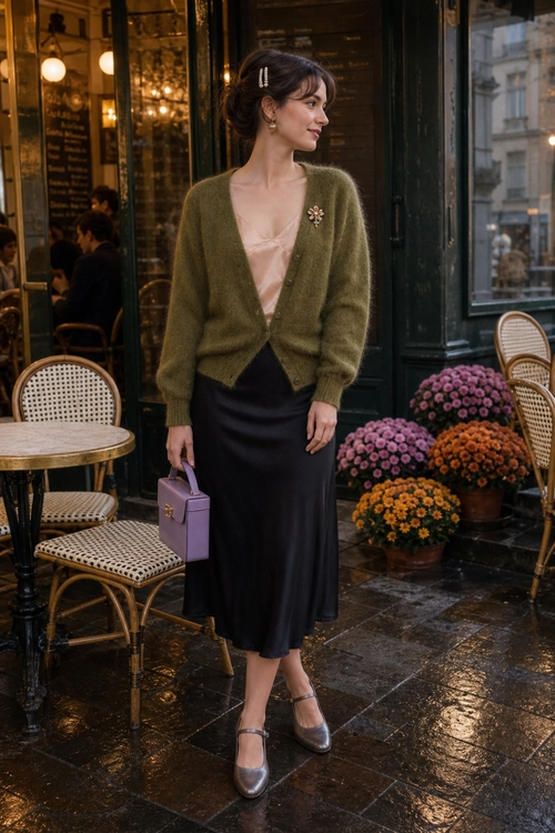 Olive Cardigan and Satin Midi Skirt Outfit An olive green cardigan layered over a blush camisole with a black satin midi skirt, lavender handbag, and silver Mary Jane heels.