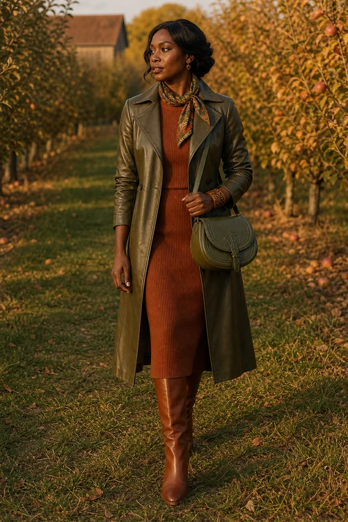 Olive Coat and Rust Dress Outfit A woman wears an olive long leather coat over a rust ribbed midi dress with tall brown boots, a patterned neck scarf, and an olive crossbody bag.