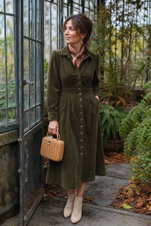 Olive Corduroy Dress Outfit A woman wears an olive corduroy button-front midi dress with a pink neck scarf, woven handbag, and beige ankle boots.