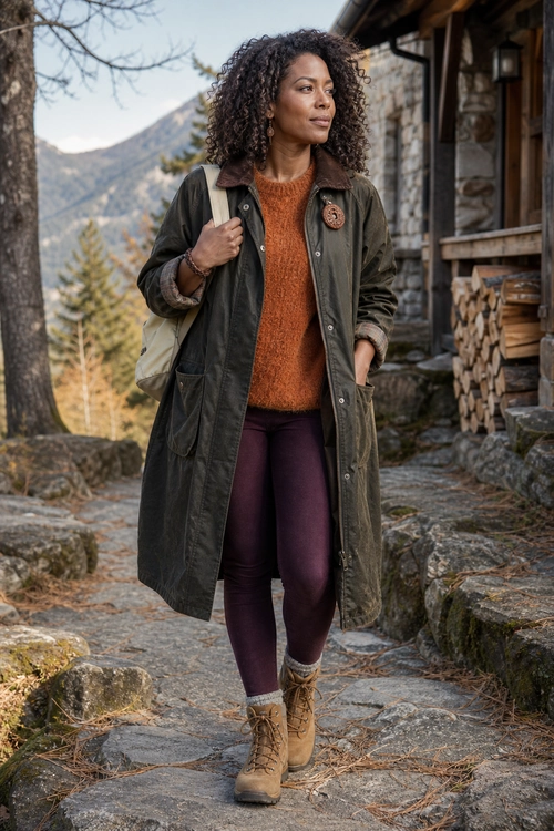 A person wears a long olive field coat over a rust knit sweater with plum leggings and tan lace-up boots.