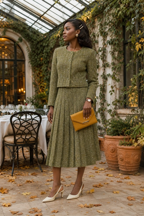 Olive Green Knit Skirt Suit Woman wearing an olive green textured cardigan and pleated midi skirt with white pointed slingback heels and a mustard envelope clutch.