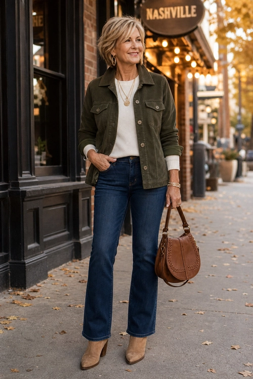 Woman wearing an olive utility jacket, cream sweater, blue jeans, tan ankle boots, and a brown shoulder bag on a city sidewalk.