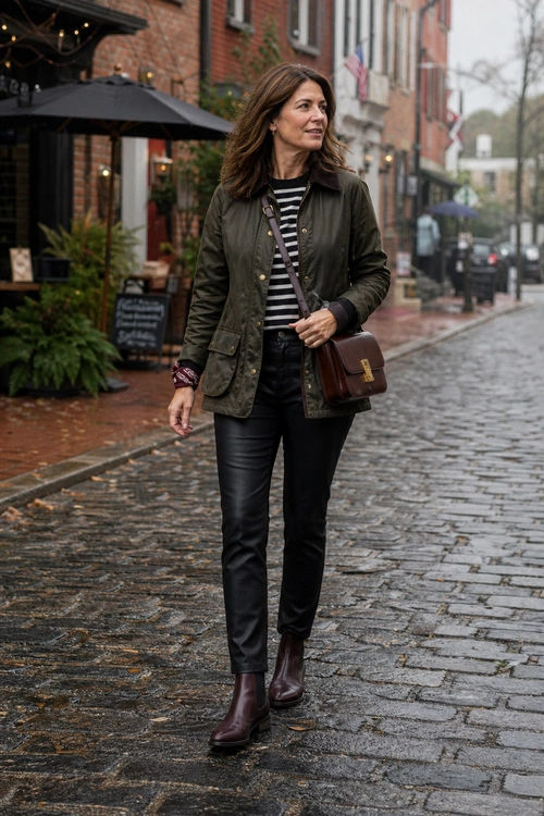 Olive Jacket and Striped Top A woman wears an olive utility jacket over a black and white striped top with black pants, burgundy ankle boots, and a brown crossbody bag.