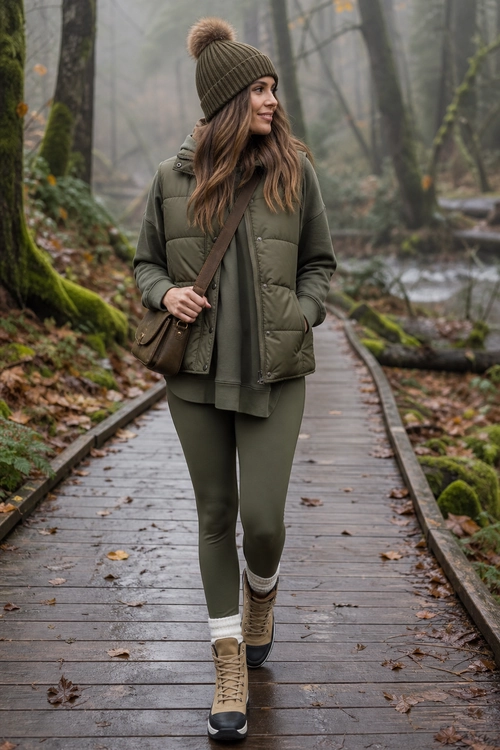 A woman wears an olive green beanie, quilted vest, long-sleeve top, leggings, crossbody bag, and tan lace-up boots.