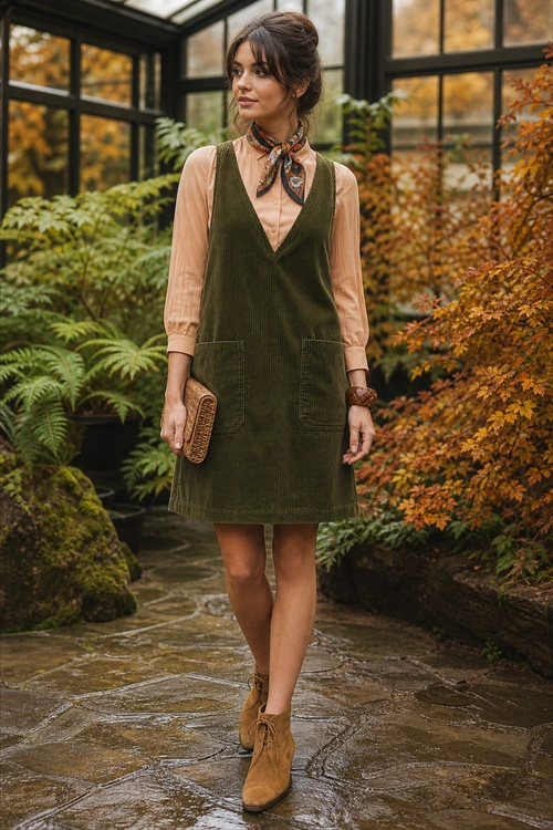 Olive Pinafore Dress with Ankle Boots A woman wears an olive corduroy pinafore dress over a peach long-sleeve blouse with a patterned neck scarf and tan ankle boots.