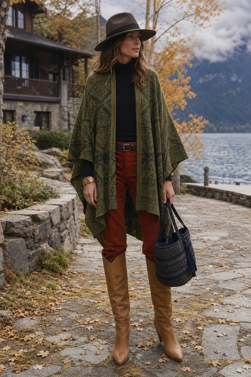 Olive Poncho and Tall Boots Outfit A woman wears an olive patterned poncho over a black turtleneck with rust trousers, tall brown boots, a wide-brim hat, and a woven handbag.