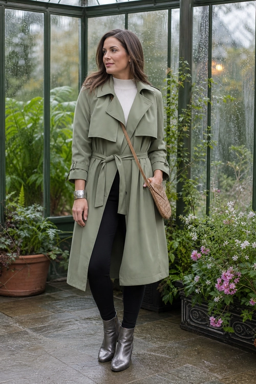 Woman wearing an olive trench coat over a white knit sweater with black leggings, gray ankle boots, and a tan crossbody bag.