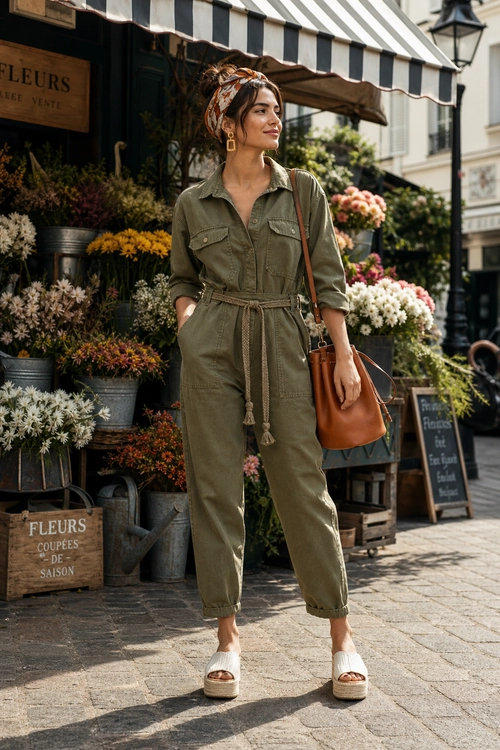 Olive Utility Jumpsuit Outfit A woman wears an olive utility jumpsuit with a patterned headscarf, brown shoulder bag, and white platform sandals.