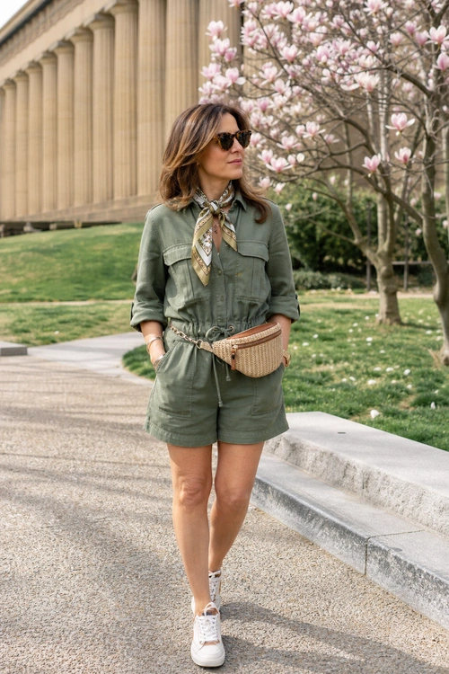 A woman wears an olive green utility romper with a patterned neck scarf, tan belt bag, sunglasses, and white sneakers.