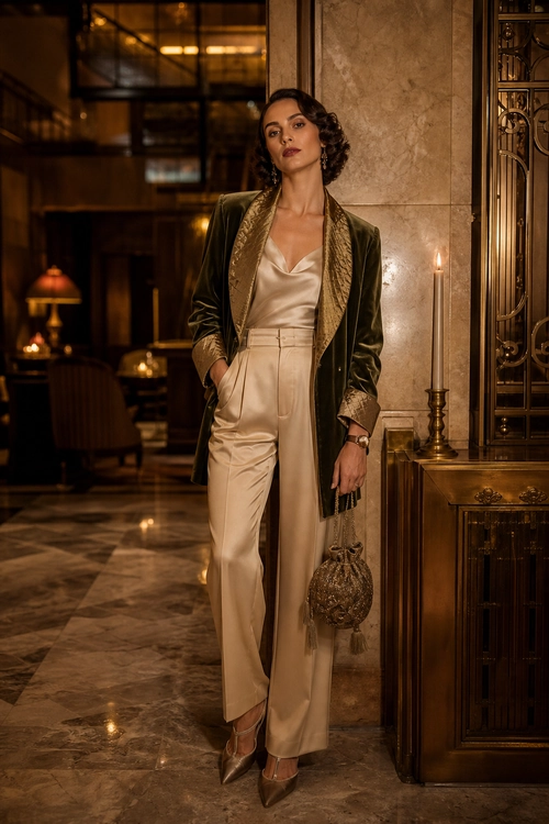 Olive Velvet Blazer with Satin Trousers A woman wears an olive velvet blazer over a champagne satin camisole with high-waisted wide-leg trousers and pointed heels.