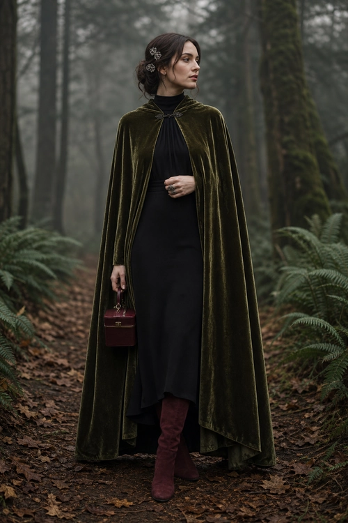 Olive Velvet Cape Outfit A woman wears an olive velvet cape over a black high-neck dress with burgundy boots and a matching handbag.