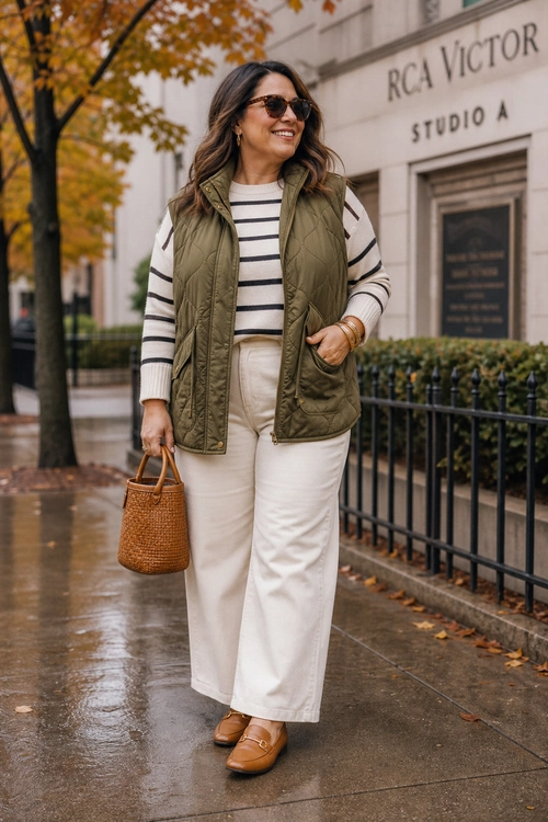 A woman wears an olive quilted vest over a cream and black striped sweater with cream wide-leg pants, brown loafers, sunglasses, and a woven handbag.