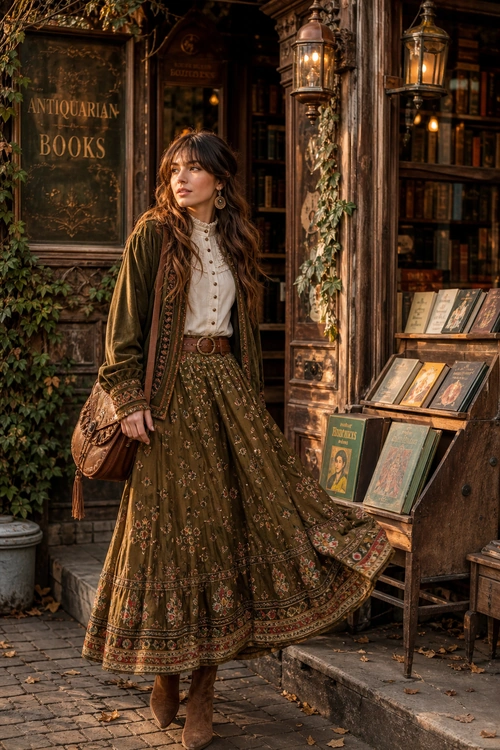 A woman wears an olive jacket, cream button-front blouse, flowing floral maxi skirt, brown boots, and a brown shoulder bag.