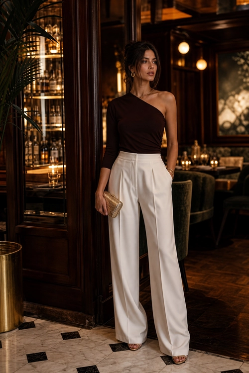 A woman wears a dark one-shoulder top with cream wide-leg trousers, strappy heels, hoop earrings, and a metallic clutch.