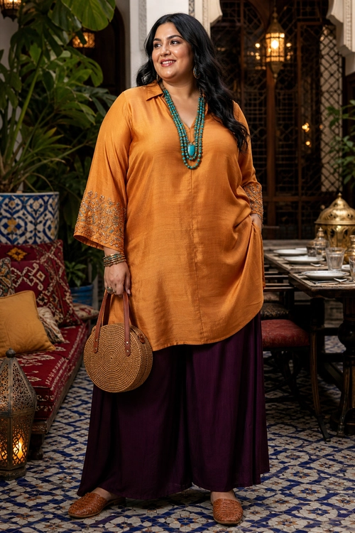 A woman wears an orange tunic with embroidered cuffs, dark plum wide-leg pants, layered turquoise necklaces, and a round woven handbag.