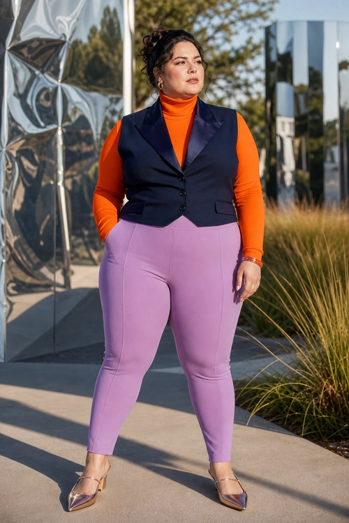 A person wears an orange turtleneck under a navy buttoned vest with lavender fitted trousers and pointed ankle-strap heels.