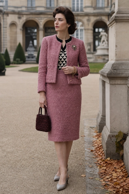 Pink Bouclé Skirt Suit Outfit Woman wearing a pink bouclé jacket and matching knee-length skirt with a black-and-white patterned top, brooch, handbag, bracelets, and gray pointed heels.