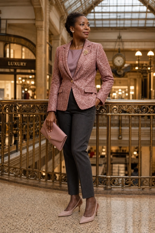 Pink Jacquard Blazer Outfit A woman wears a pink jacquard blazer with a mauve blouse, charcoal trousers, pink pointed pumps, and a matching clutch.