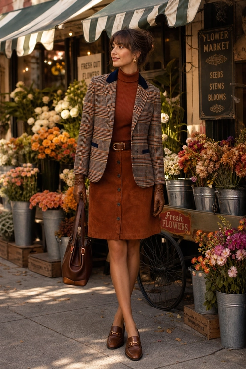 Plaid Blazer and Rust Skirt Outfit A woman wears a plaid blazer over a rust turtleneck with a brown button-front skirt, belt, handbag, gloves, and loafers.
