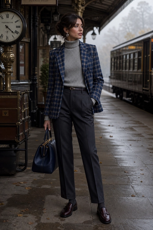 Plaid Blazer and Tailored Trousers Outfit Woman wearing a navy plaid blazer, gray ribbed turtleneck, dark tailored trousers, burgundy loafers, and carrying a navy handbag.