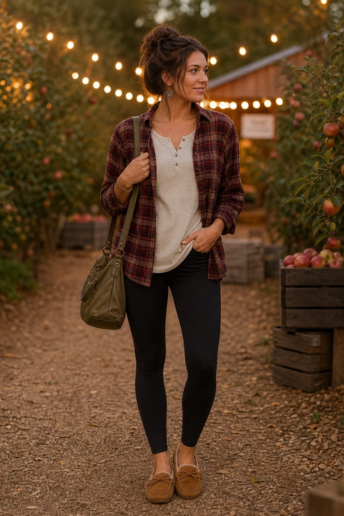 A woman wears a burgundy plaid shirt over a cream henley top with black leggings, brown loafers, and an olive green shoulder bag.