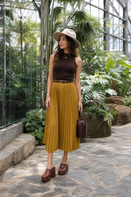 Pleated Midi Skirt Outfit A woman wears a dark brown sleeveless ribbed top with a mustard pleated midi skirt, wide-brim hat, brown belt, handbag, and platform clogs.