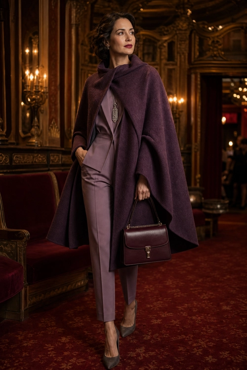 Plum Cape Evening Outfit A woman wears a plum cape over a mauve blouse and tailored trousers with gray pumps and a burgundy handbag.
