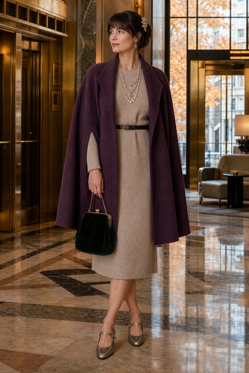 Plum Cape Coat with Knit Midi Dress A woman wears a plum cape coat over a taupe knit midi dress with a black belt, layered necklaces, a black handbag, and Mary Jane heels.