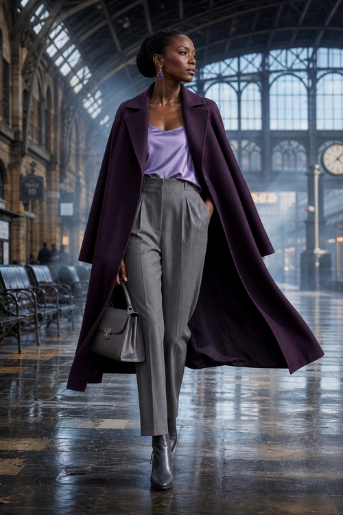 Plum Coat and Tailored Gray Trousers A fashion look featuring a long plum coat, lavender satin top, gray tailored trousers, dark ankle boots, and a structured handbag.