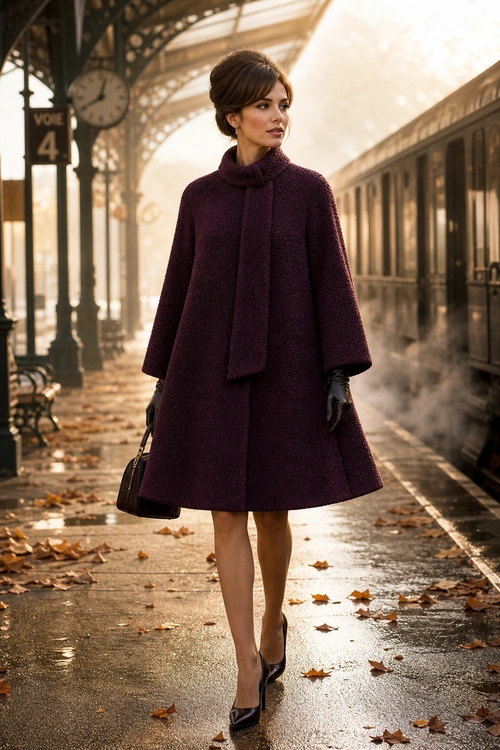 Plum Coat Station Style A woman wears a plum A-line coat with a matching scarf, black gloves, a structured handbag, and pointed heels on a train platform.
