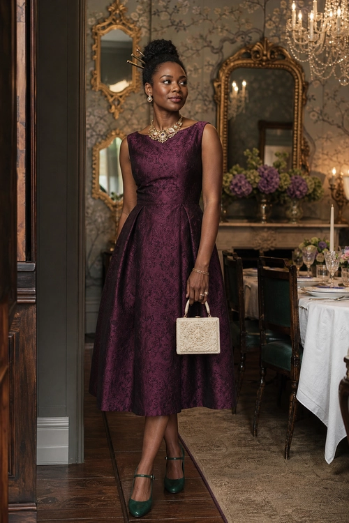 Woman wearing a sleeveless plum jacquard midi dress with a cream clutch and dark green heels.