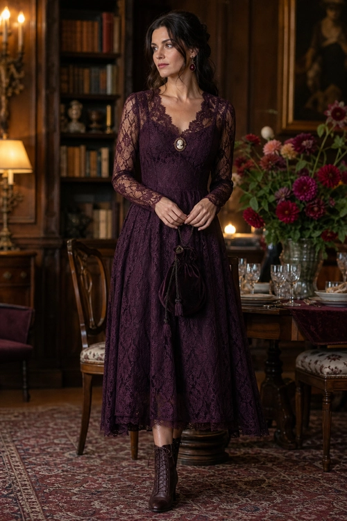 Plum Lace Dress Outfit A woman wears a deep plum long-sleeve lace dress with a pendant necklace, small drawstring purse, and dark ankle boots.