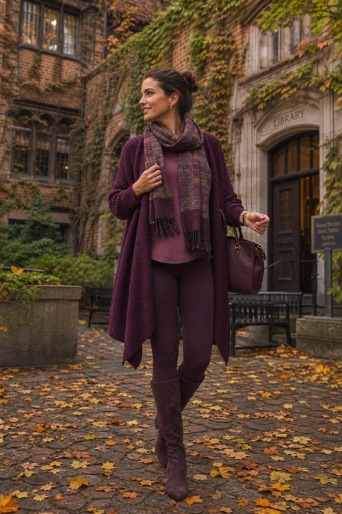 A woman wears a plum cardigan, coordinating top and trousers, a patterned scarf, knee-high boots, and a matching handbag.