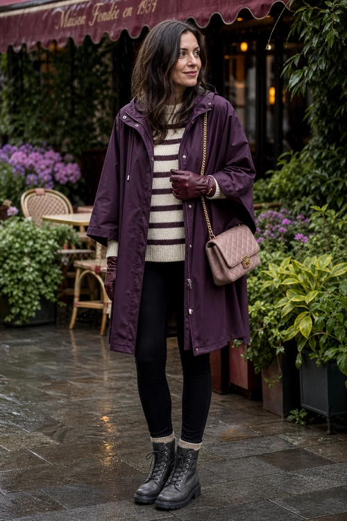 A woman wears a plum hooded raincoat over a cream and burgundy striped sweater with black leggings, gloves, ankle boots, and a quilted crossbody bag.