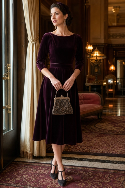 Plum Velvet Midi Dress A woman wears a plum velvet long-sleeve midi dress with black Mary Jane heels and carries an ornate structured handbag.