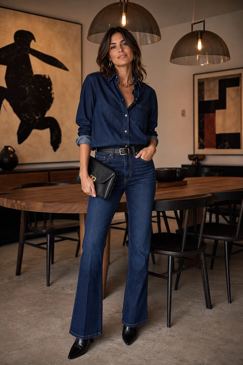 A woman wears a navy denim shirt with dark blue flared jeans, black pointed-toe shoes, a black clutch, and a gold chain necklace.