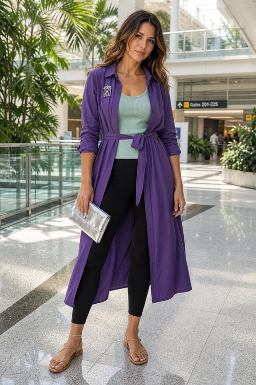 Woman wearing a long purple belted cardigan over a mint sleeveless top with black leggings, tan sandals, and a silver clutch.