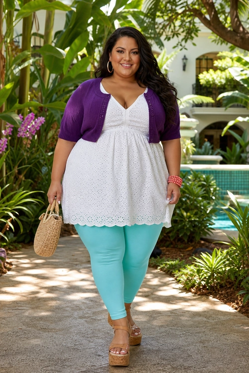 A white eyelet tunic with a scalloped hem is layered under a purple cardigan and paired with turquoise leggings, wedge sandals, and a woven handbag.