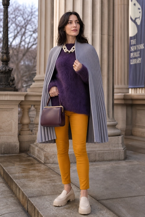 A woman wears a purple sweater, mustard yellow pants, gray pleated cape, cream platform loafers, and a burgundy handbag.