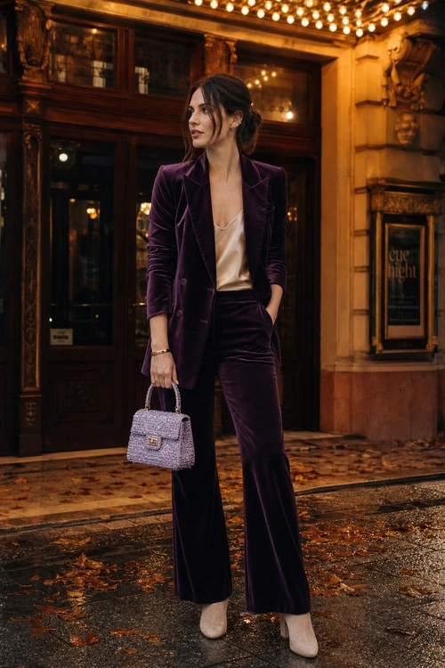 Purple Velvet Evening Suit A woman wears a deep purple velvet blazer and wide-leg trousers with an ivory camisole, beige heels, and a small textured handbag.