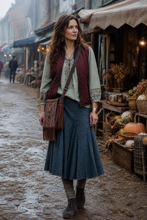 Woman wearing a burgundy quilted vest over a sage green patterned blouse with a long denim skirt, gray leg warmers, dark ankle boots, and a fringed crossbody bag.