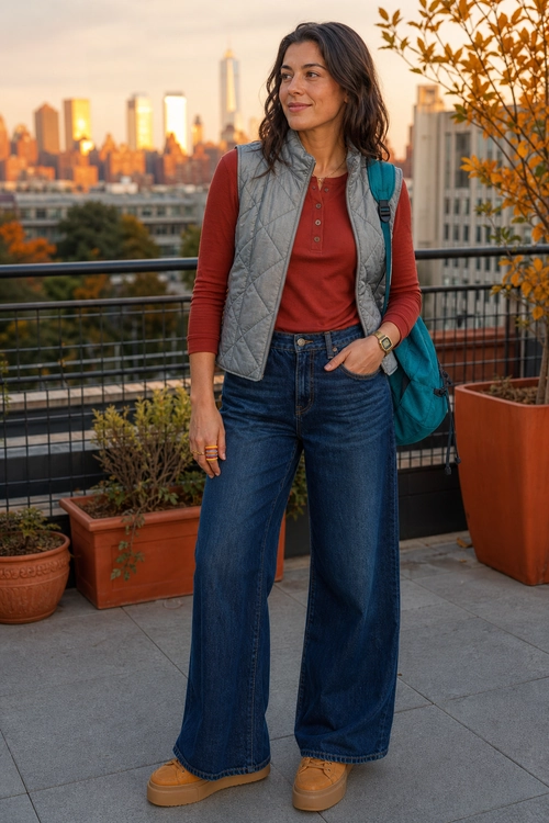 Quilted Vest and Wide-Leg Jeans Outfit A casual outfit featuring a rust-red long-sleeve top, gray quilted vest, wide-leg dark blue jeans, tan shoes, and a teal backpack.