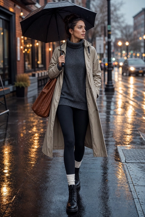 A woman wears a long beige coat over a charcoal turtleneck sweater with black leggings, ribbed socks, black boots, and a brown shoulder bag while holding a black umbrella.