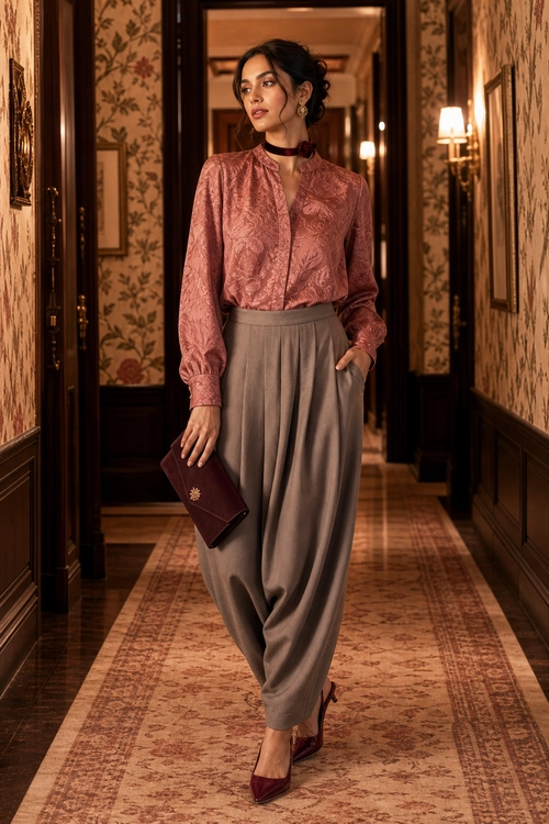 Rose Blouse and Taupe Trousers Outfit A woman wears a rose patterned blouse with taupe pleated trousers, burgundy heels, a matching clutch, and a choker.
