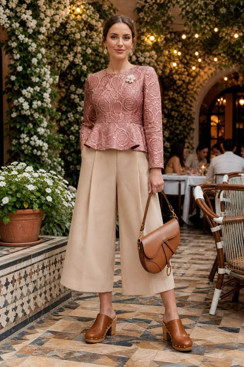Rose Lace Top with Wide-Leg Trousers A woman wears a rose pink lace peplum top with beige cropped wide-leg trousers, brown heeled mules, and a matching leather shoulder bag.